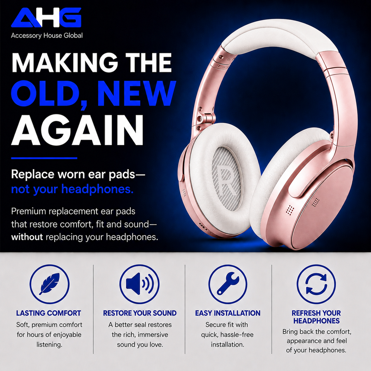 AHG Accessory House Global Replacement Ear Pads Cushions Compatible with Bose QuietComfort 35 II / QC35, QCSE, QCSC and QC45 Wireless Headphones - Premium Material | Extra Thick | Durable