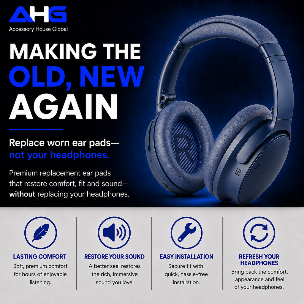 AHG Accessory House Global Replacement Ear Pads Cushions Compatible with Bose QuietComfort 35 II / QC35, QCSE, QCSC and QC45 Wireless Headphones - Premium Material | Extra Thick | Durable