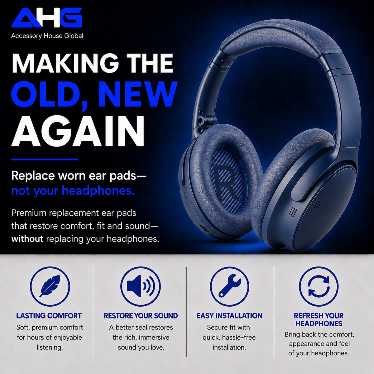 AHG Accessory House Global Replacement Ear Pads Cushions Compatible with Bose QuietComfort 35 II / QC35, QCSE, QCSC and QC45 Wireless Headphones - Premium Material | Extra Thick | Durable