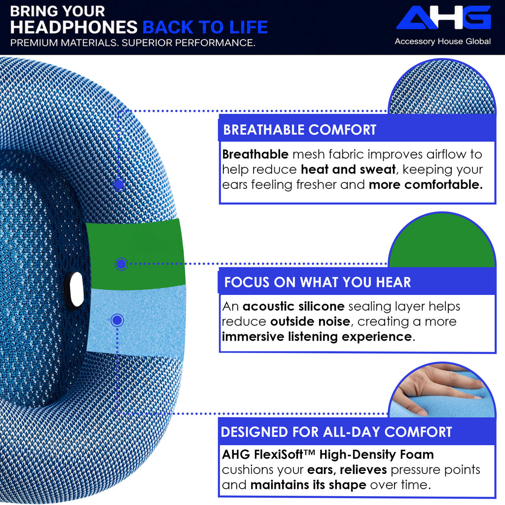 AHG Accessory House Global Upgraded Replacement airpods max ear Cushions pads compatible with Apple AirPods Max Headphones (Sky Blue). Silicone Lined Mesh/High-Density Foam/Strong Magnet