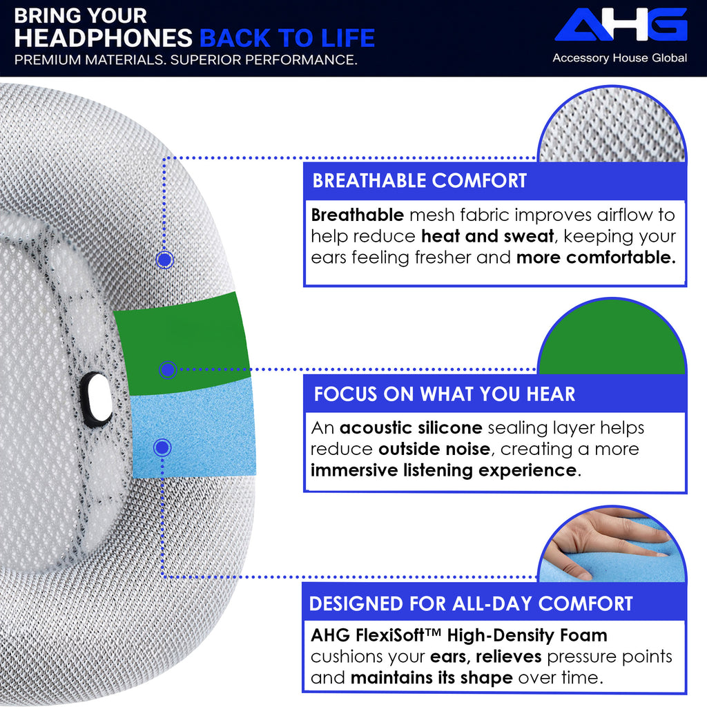 AHG Accessory House Global Upgraded Replacement airpods max ear Cushions pads compatible with Apple AirPods Max Headphones (Silver). Silicone Lined Mesh/High-Density Foam/Strong Magnet