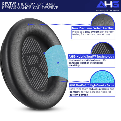 AHG Accessory House Global Replacement Ear Pads Cushions Compatible with Bose QuietComfort 35 II / QC35, QCSE, QCSC and QC45 Wireless Headphones - Premium Material | Extra Thick | Durable