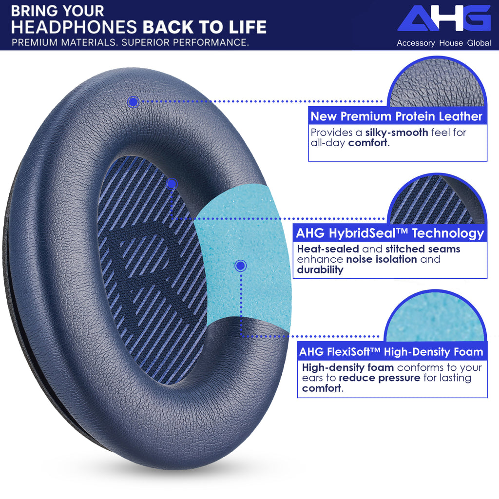 AHG Accessory House Global Replacement Ear Pads Cushions Compatible with Bose QuietComfort 35 II / QC35, QCSE, QCSC and QC45 Wireless Headphones - Premium Material | Extra Thick | Durable