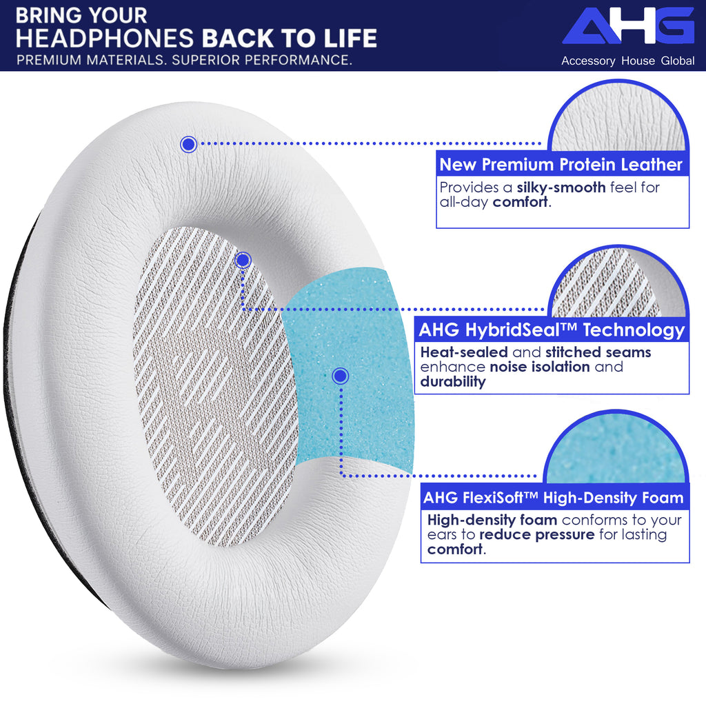 AHG Accessory House Global Replacement Ear Pads Cushions Compatible with Bose QuietComfort 35 II / QC35, QCSE, QCSC and QC45 Wireless Headphones - Premium Material | Extra Thick | Durable