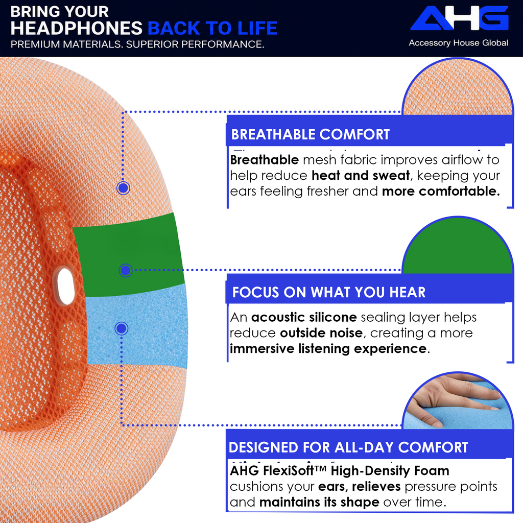 AHG Accessory House Global Upgraded Replacement Orange AirPods Max Ear Cushions Pads Compatible with Apple AirPods Max 2 Headphones (2024). Silicone Lined Mesh, High-Density Foam, Strong Magnet Ear Pads