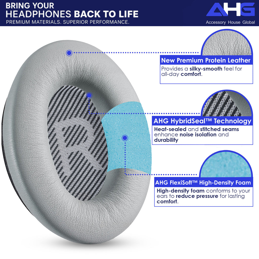 AHG Accessory House Global Replacement Ear Pads Cushions Compatible with Bose QuietComfort 35 II / QC35, QCSE, QCSC and QC45 Wireless Headphones - Premium Material | Extra Thick | Durable