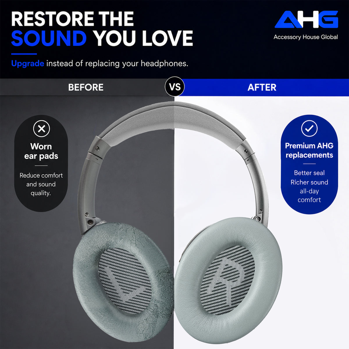 AHG Accessory House Global Replacement Ear Pads Cushions Compatible with Bose QuietComfort 35 II / QC35, QCSE, QCSC and QC45 Wireless Headphones - Premium Material | Extra Thick | Durable