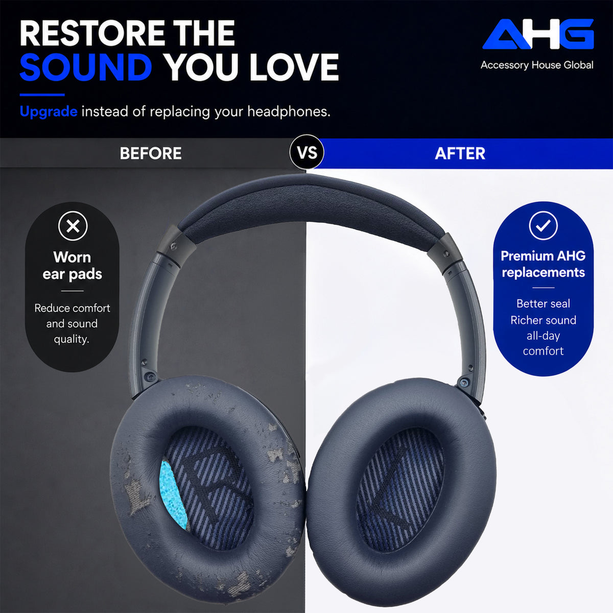 AHG Accessory House Global Replacement Ear Pads Cushions Compatible with Bose QuietComfort 35 II / QC35, QCSE, QCSC and QC45 Wireless Headphones - Premium Material | Extra Thick | Durable