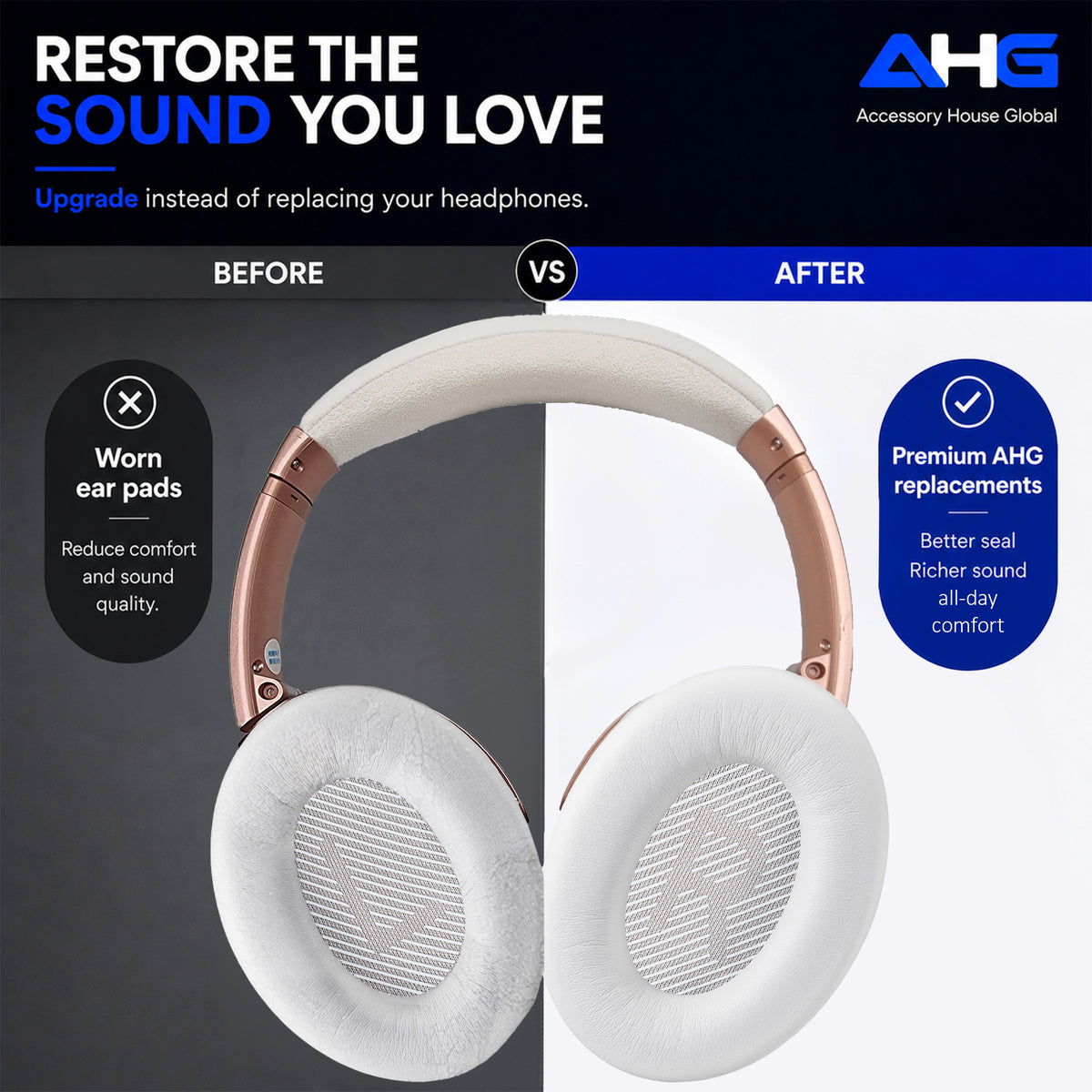 AHG Accessory House Global Replacement Ear Pads Cushions Compatible with Bose QuietComfort 35 II / QC35, QCSE, QCSC and QC45 Wireless Headphones - Premium Material | Extra Thick | Durable