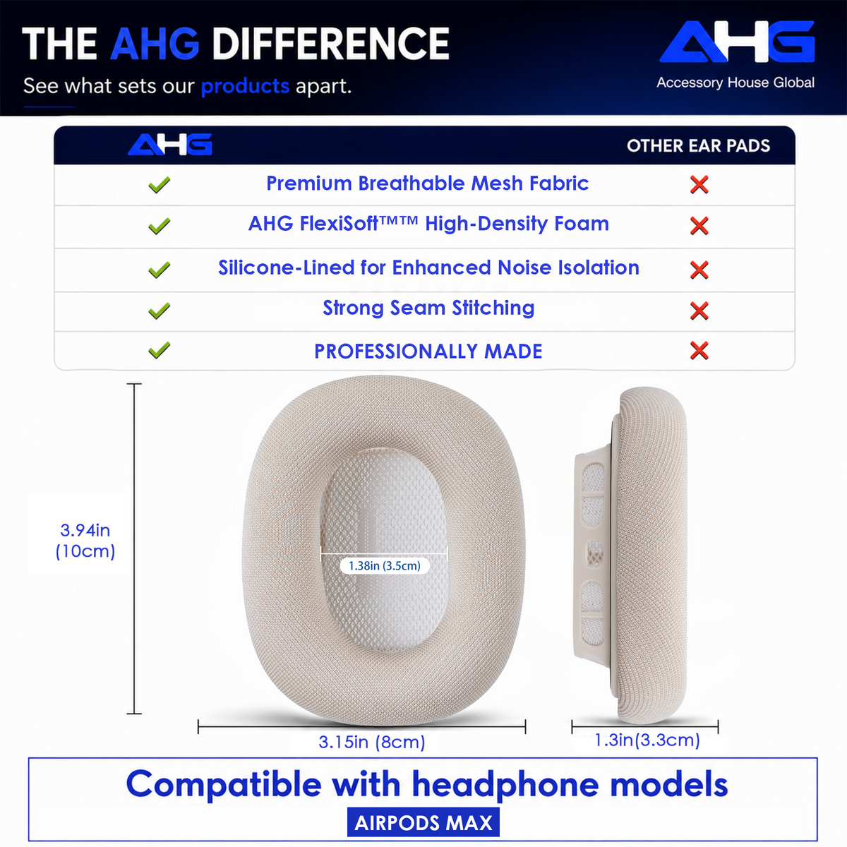 AHG Accessory House Global Upgraded Replacement Starlight AirPods Max Ear Cushions Pads Compatible with Apple AirPods Max 2 Headphones (2024). Silicone Lined Mesh, High-Density Foam, Strong Magnet Ear Pads
