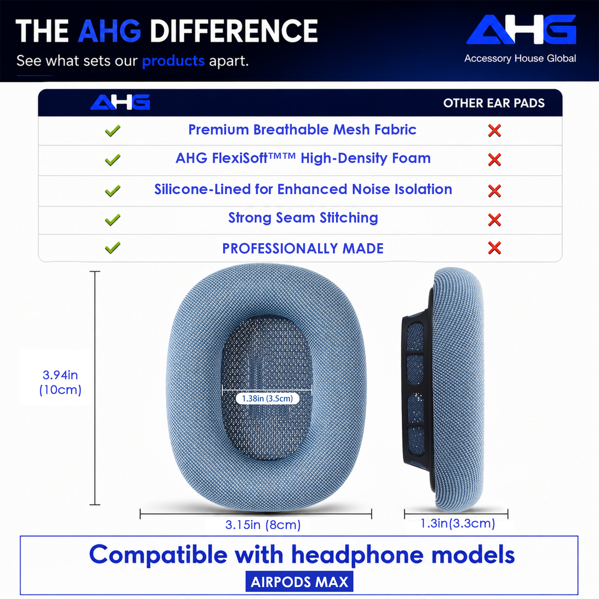 AHG Accessory House Global Upgraded Replacement Blue AirPods Max Ear Cushions Pads Compatible with Apple AirPods Max 2 Headphones (2024). Silicone Lined Mesh, High-Density Foam, Strong Magnet Ear Pads