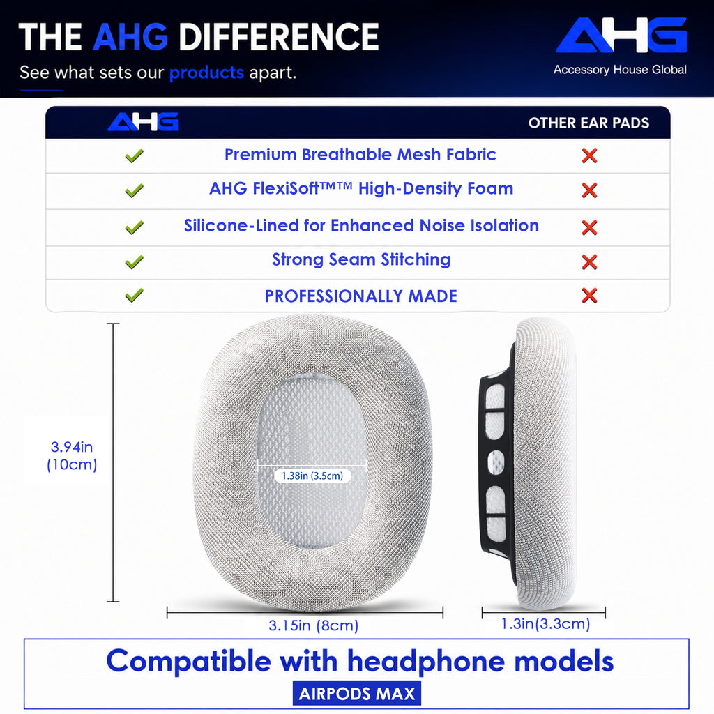 AHG Accessory House Global Upgraded Replacement airpods max ear Cushions pads compatible with Apple AirPods Max Headphones (Silver). Silicone Lined Mesh/High-Density Foam/Strong Magnet
