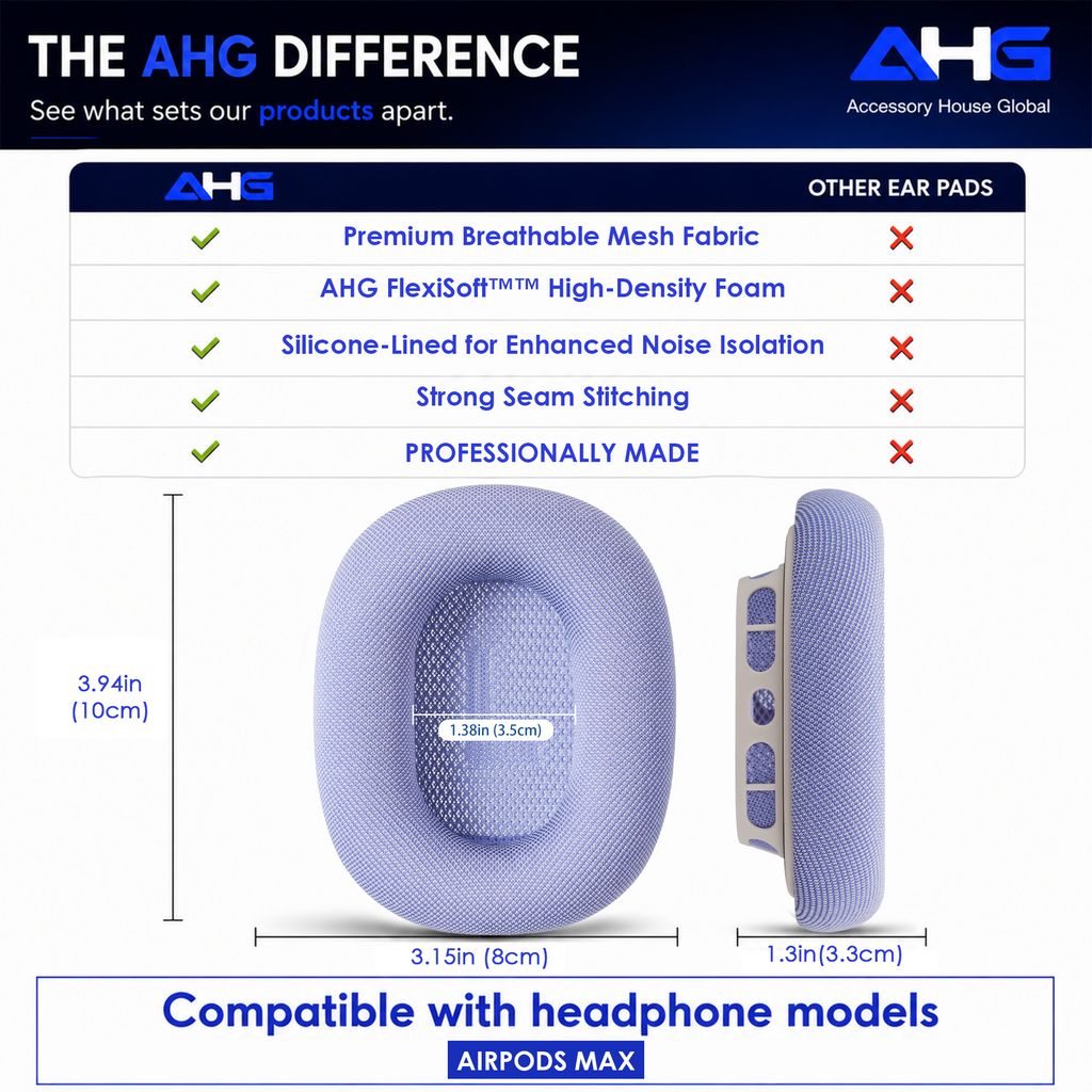 AHG Accessory House Global Upgraded Replacement Purple AirPods Max Ear Cushions Pads Compatible with Apple AirPods Max 2 Headphones (2024). Silicone Lined Mesh, High-Density Foam, Strong Magnet Ear Pads