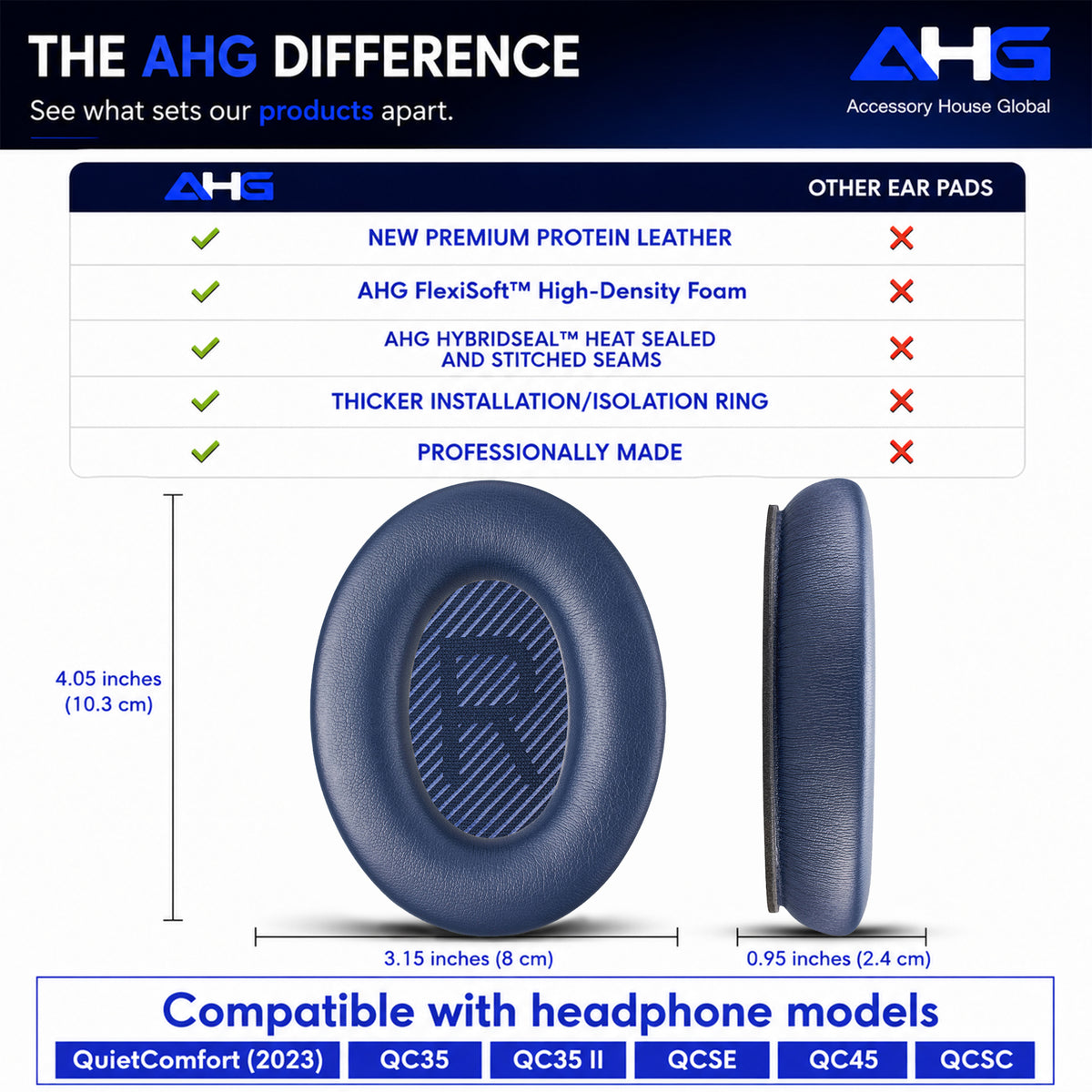 AHG Accessory House Global Replacement Ear Pads Cushions Compatible with Bose QuietComfort 35 II / QC35, QCSE, QCSC and QC45 Wireless Headphones - Premium Material | Extra Thick | Durable