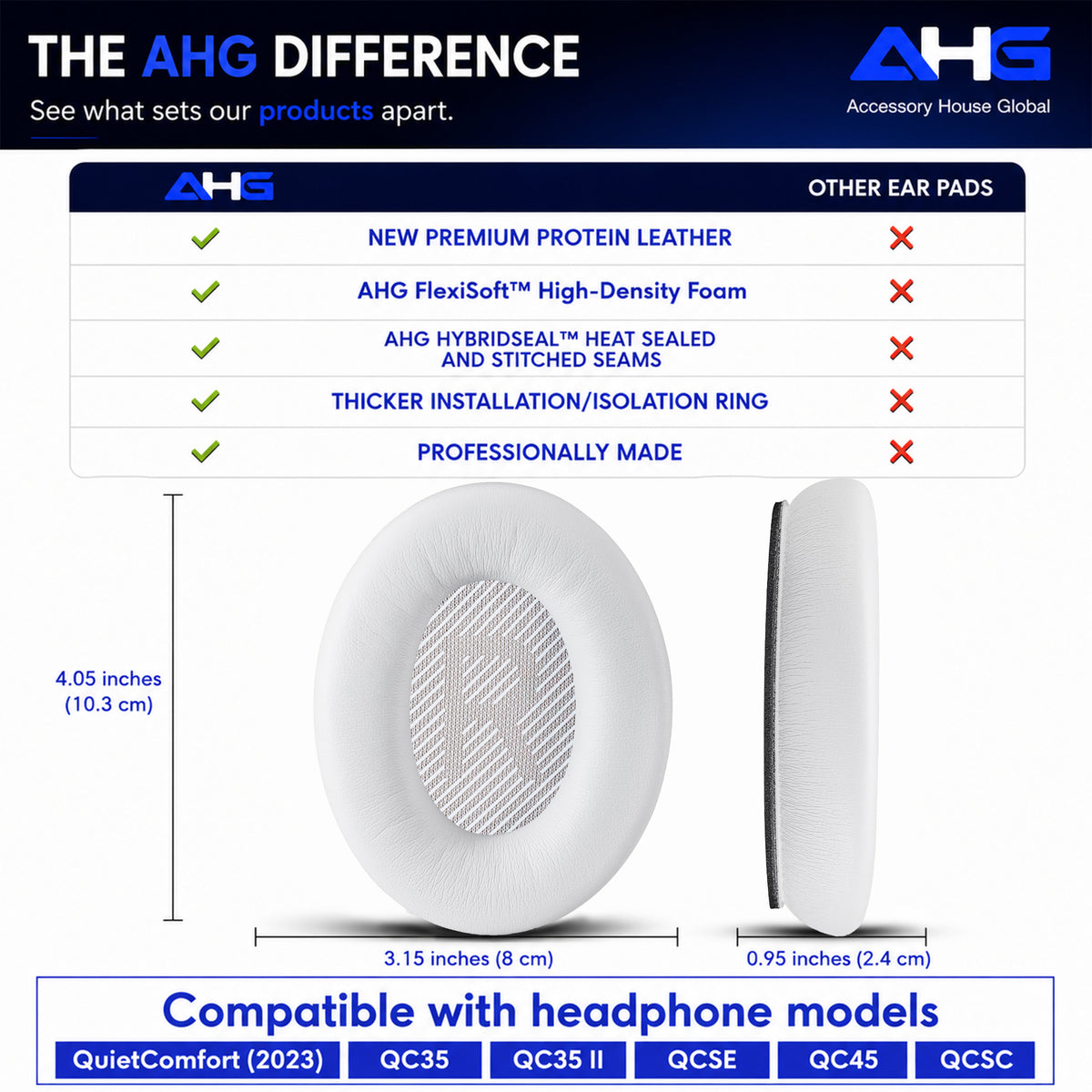 AHG Accessory House Global Replacement Ear Pads Cushions Compatible with Bose QuietComfort 35 II / QC35, QCSE, QCSC and QC45 Wireless Headphones - Premium Material | Extra Thick | Durable