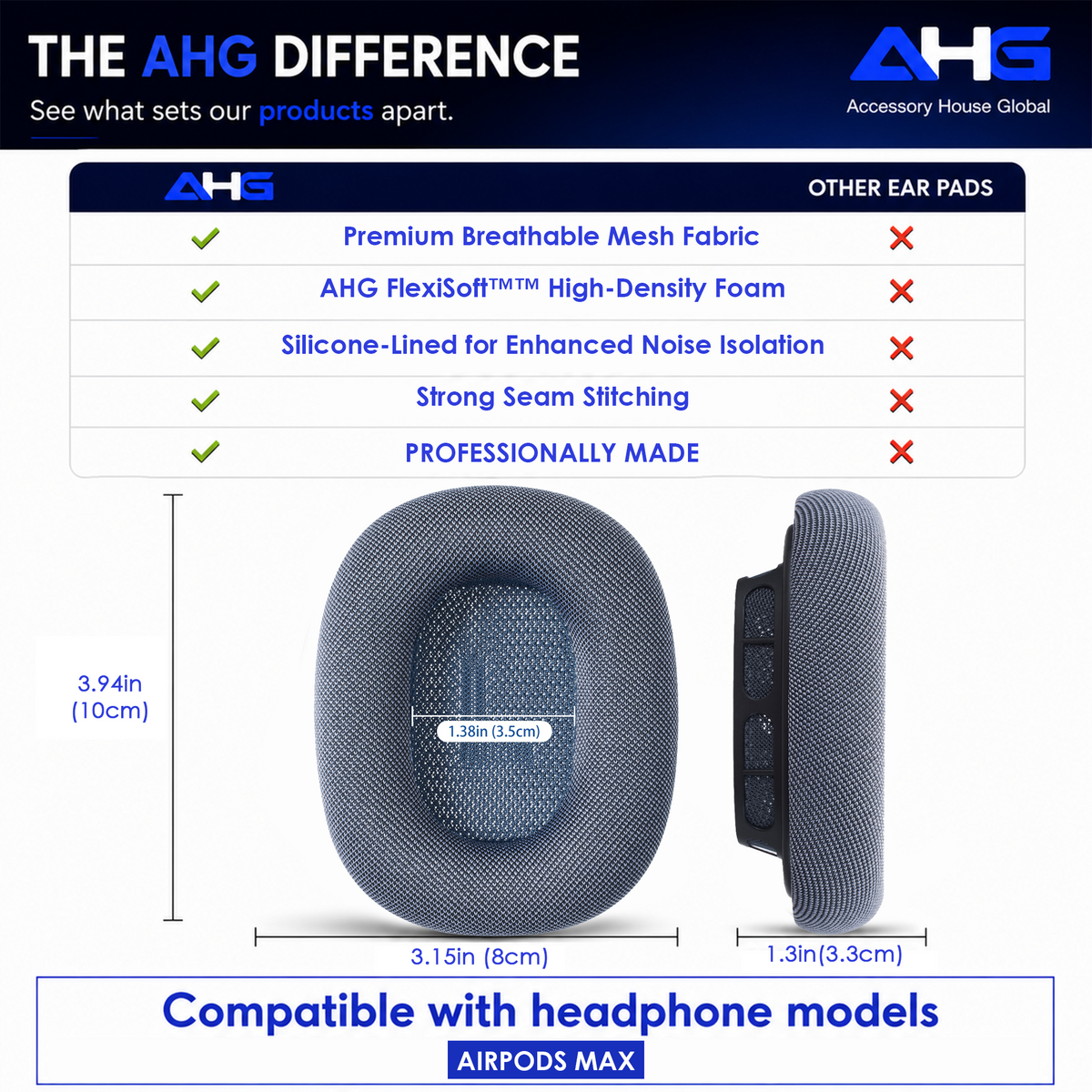 AHG Accessory House Global Upgraded Replacement Midnight AirPods Max Ear Cushions Pads Compatible with Apple AirPods Max 2 Headphones (2024). Silicone Lined Mesh, High-Density Foam, Strong Magnet Ear Pads