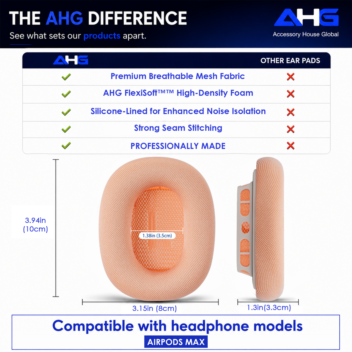 AHG Accessory House Global Upgraded Replacement Orange AirPods Max Ear Cushions Pads Compatible with Apple AirPods Max 2 Headphones (2024). Silicone Lined Mesh, High-Density Foam, Strong Magnet Ear Pads