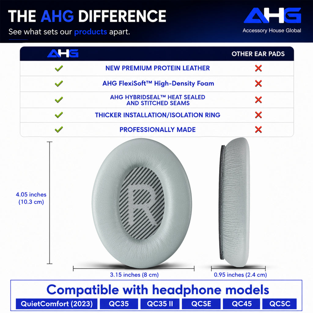 AHG Accessory House Global Replacement Ear Pads Cushions Compatible with Bose QuietComfort 35 II / QC35, QCSE, QCSC and QC45 Wireless Headphones - Premium Material | Extra Thick | Durable