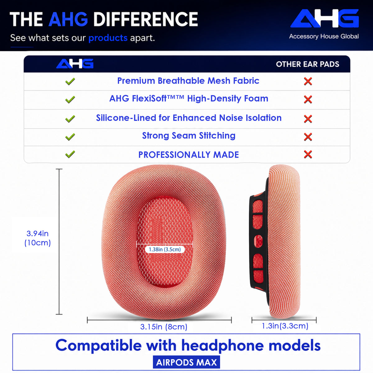 AHG Accessory House Global Upgraded Replacement airpods max ear Cushions pads compatible with Apple AirPods Max Headphones (Pink). Silicone Lined Mesh/High-Density Foam/Strong Magnet