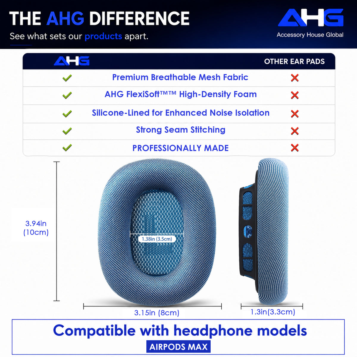 AHG Accessory House Global Upgraded Replacement airpods max ear Cushions pads compatible with Apple AirPods Max Headphones (Sky Blue). Silicone Lined Mesh/High-Density Foam/Strong Magnet