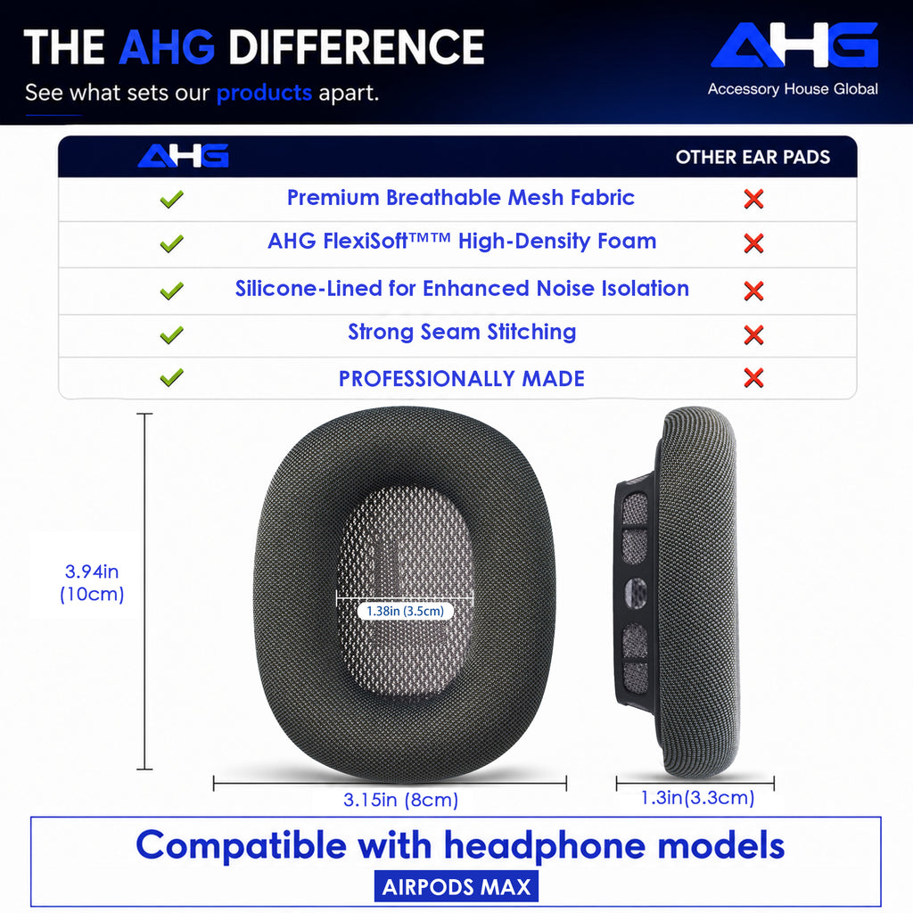 AHG Accessory House Global Upgraded Replacement airpods max ear Cushions pads compatible with Apple AirPods Max Headphones (Space Gray). Silicone Lined Mesh/High-Density Foam/Strong Magnet