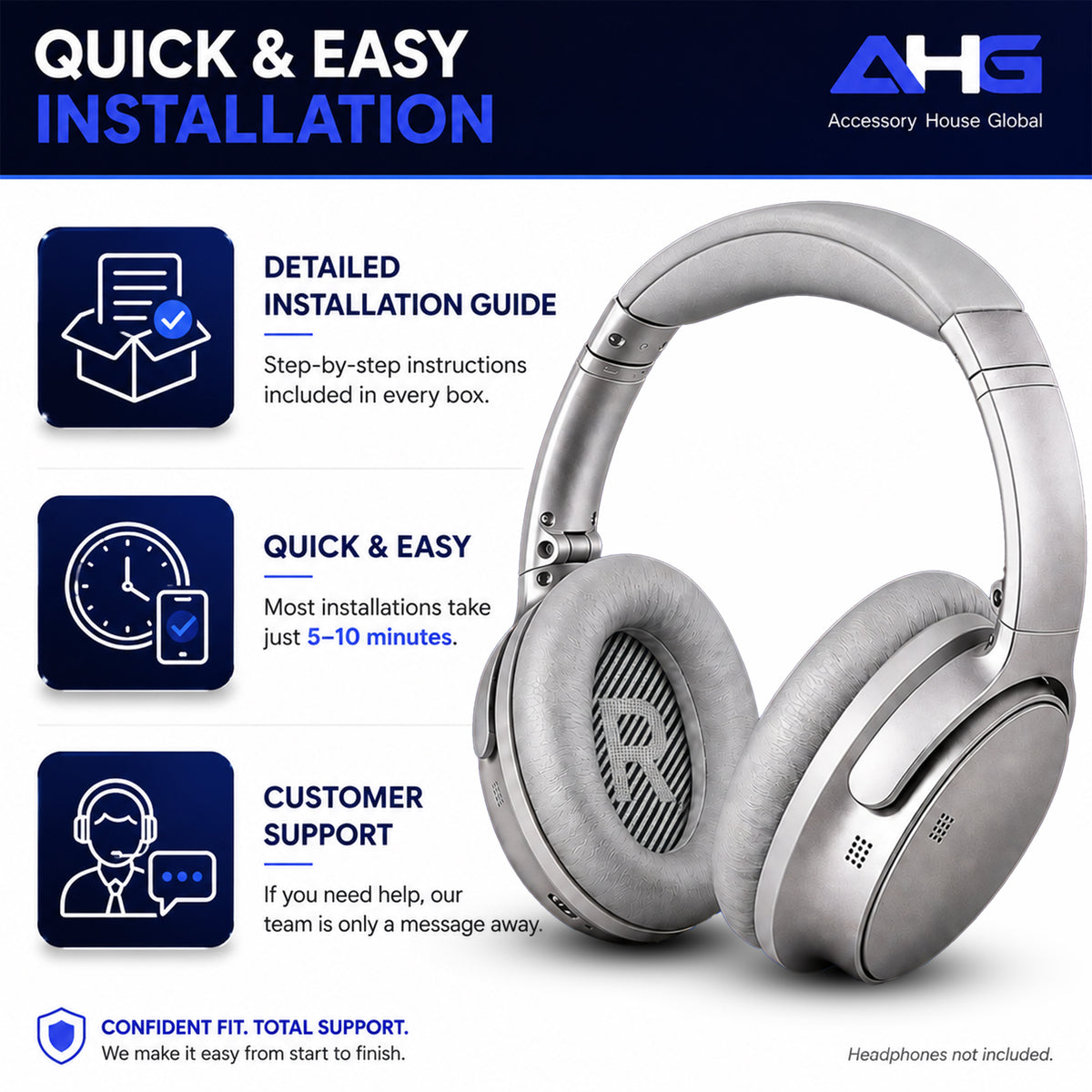 AHG Accessory House Global Replacement Ear Pads Cushions Compatible with Bose QuietComfort 35 II / QC35, QCSE, QCSC and QC45 Wireless Headphones - Premium Material | Extra Thick | Durable