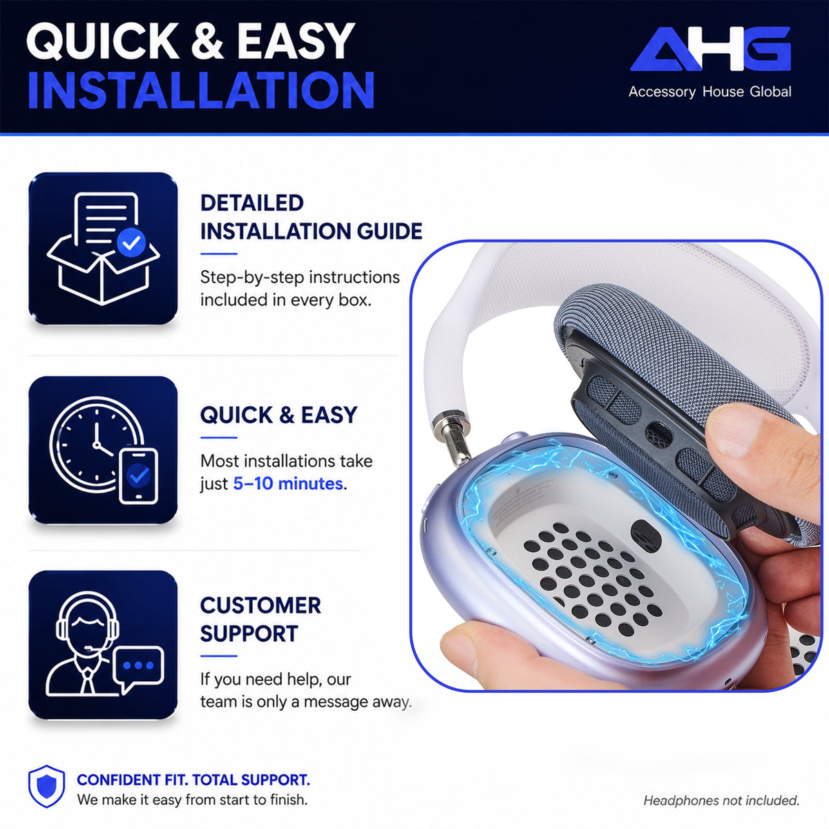 AHG Accessory House Global Upgraded Replacement Midnight AirPods Max Ear Cushions Pads Compatible with Apple AirPods Max 2 Headphones (2024). Silicone Lined Mesh, High-Density Foam, Strong Magnet Ear Pads