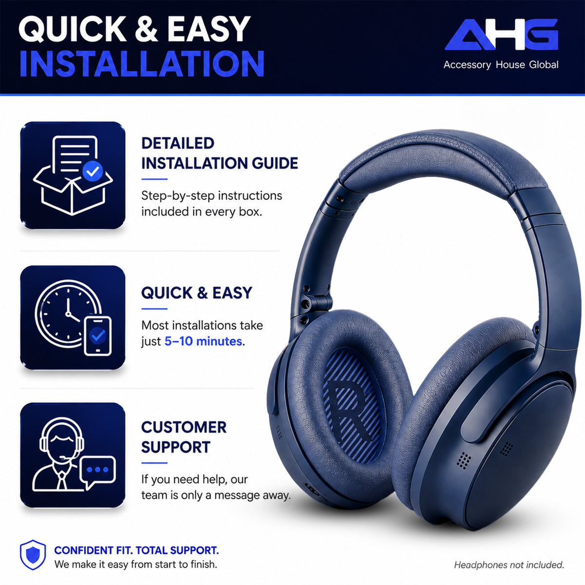 AHG Accessory House Global Replacement Ear Pads Cushions Compatible with Bose QuietComfort 35 II / QC35, QCSE, QCSC and QC45 Wireless Headphones - Premium Material | Extra Thick | Durable