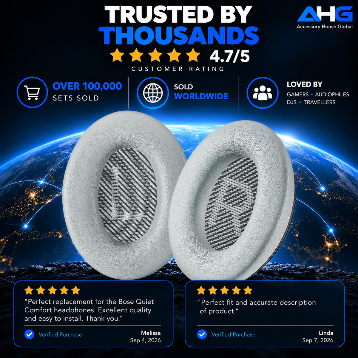 AHG Accessory House Global Replacement Ear Pads Cushions Compatible with Bose QuietComfort 35 II / QC35, QCSE, QCSC and QC45 Wireless Headphones - Premium Material | Extra Thick | Durable