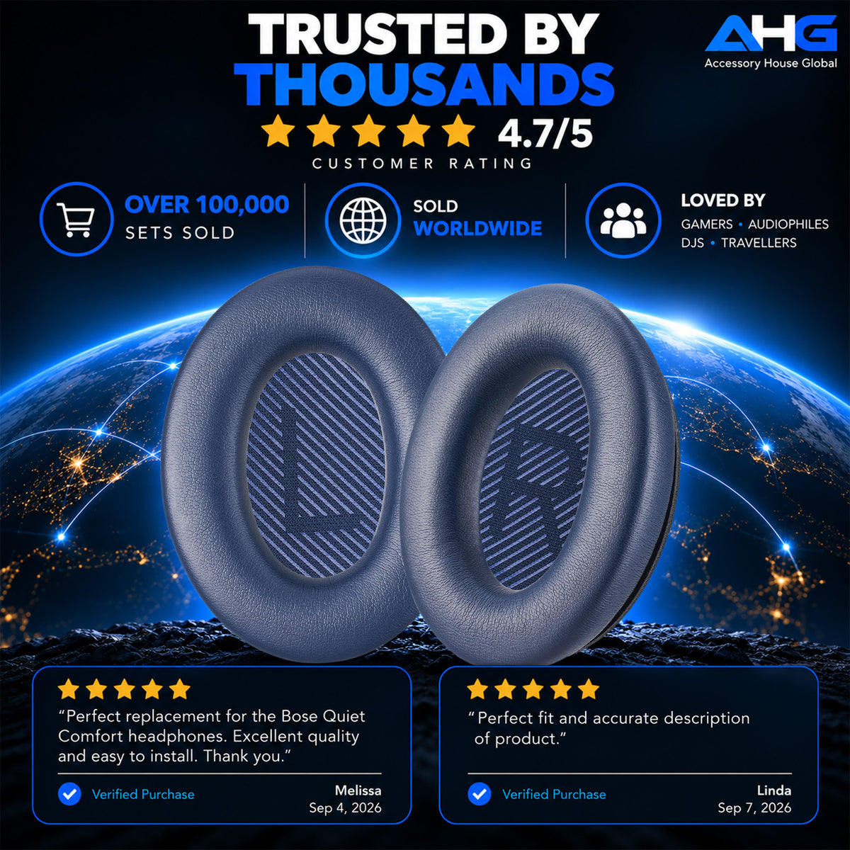 AHG Accessory House Global Replacement Ear Pads Cushions Compatible with Bose QuietComfort 35 II / QC35, QCSE, QCSC and QC45 Wireless Headphones - Premium Material | Extra Thick | Durable